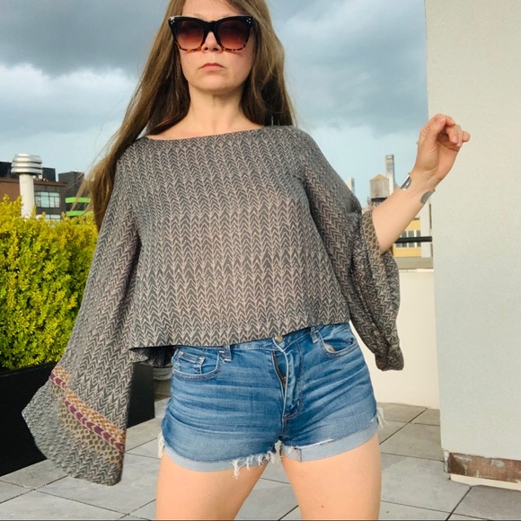 Free People Geometric Abstract Chevron Boatneck Statement Flare Bell Sleeve Top - Picture 10 of 16